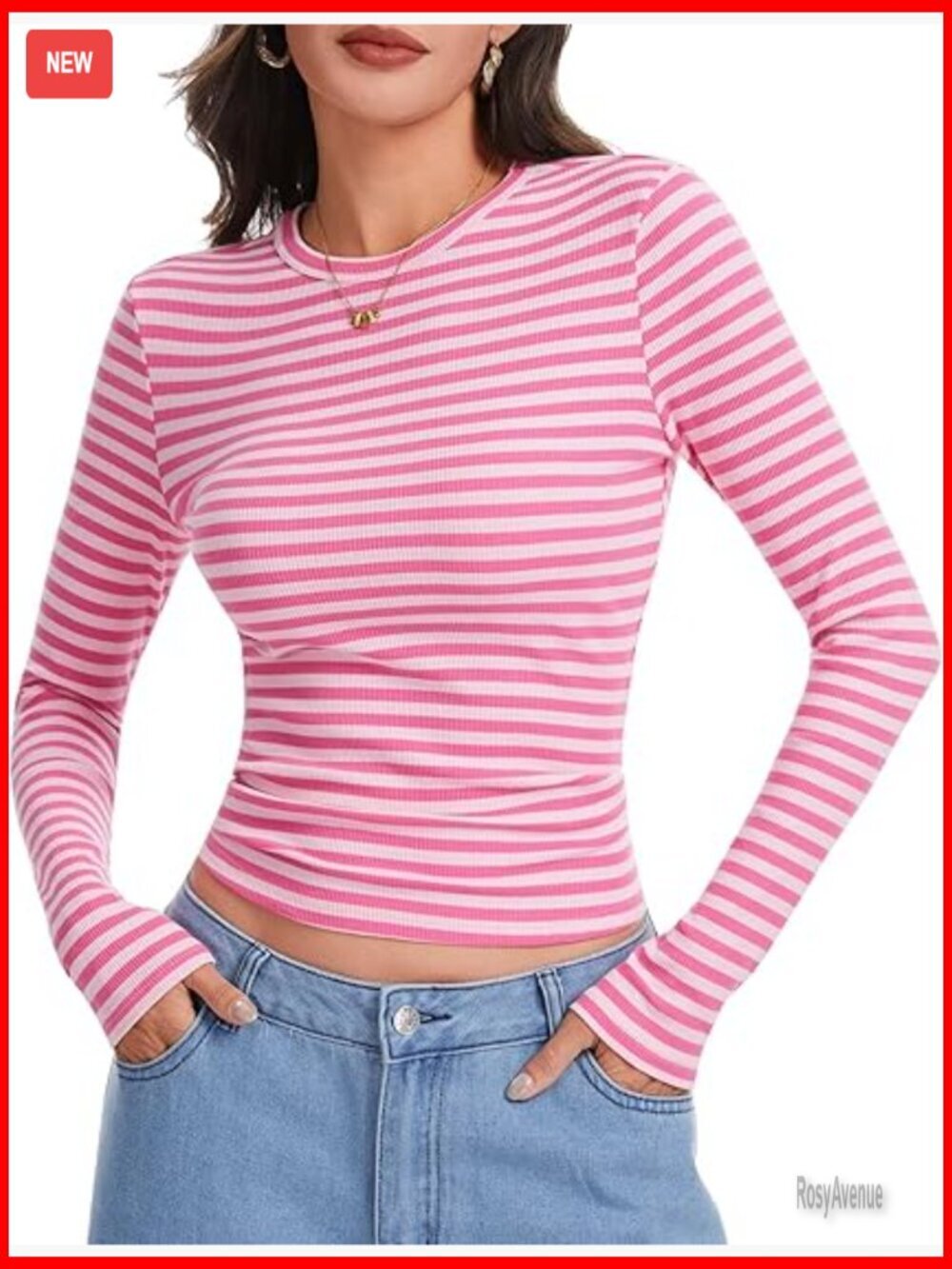 Ribbed Long Sleeve Striped Tee, Stretch Slim Fit, Lightweight Cotton Blend